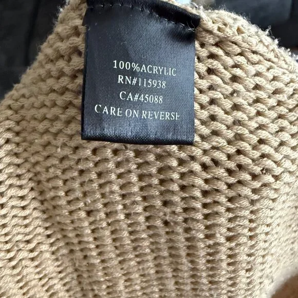 Beige Knit Fringe Poncho With Wooden Button Closure & Burgundy Stripes By Lovely - Picture 7 of 7